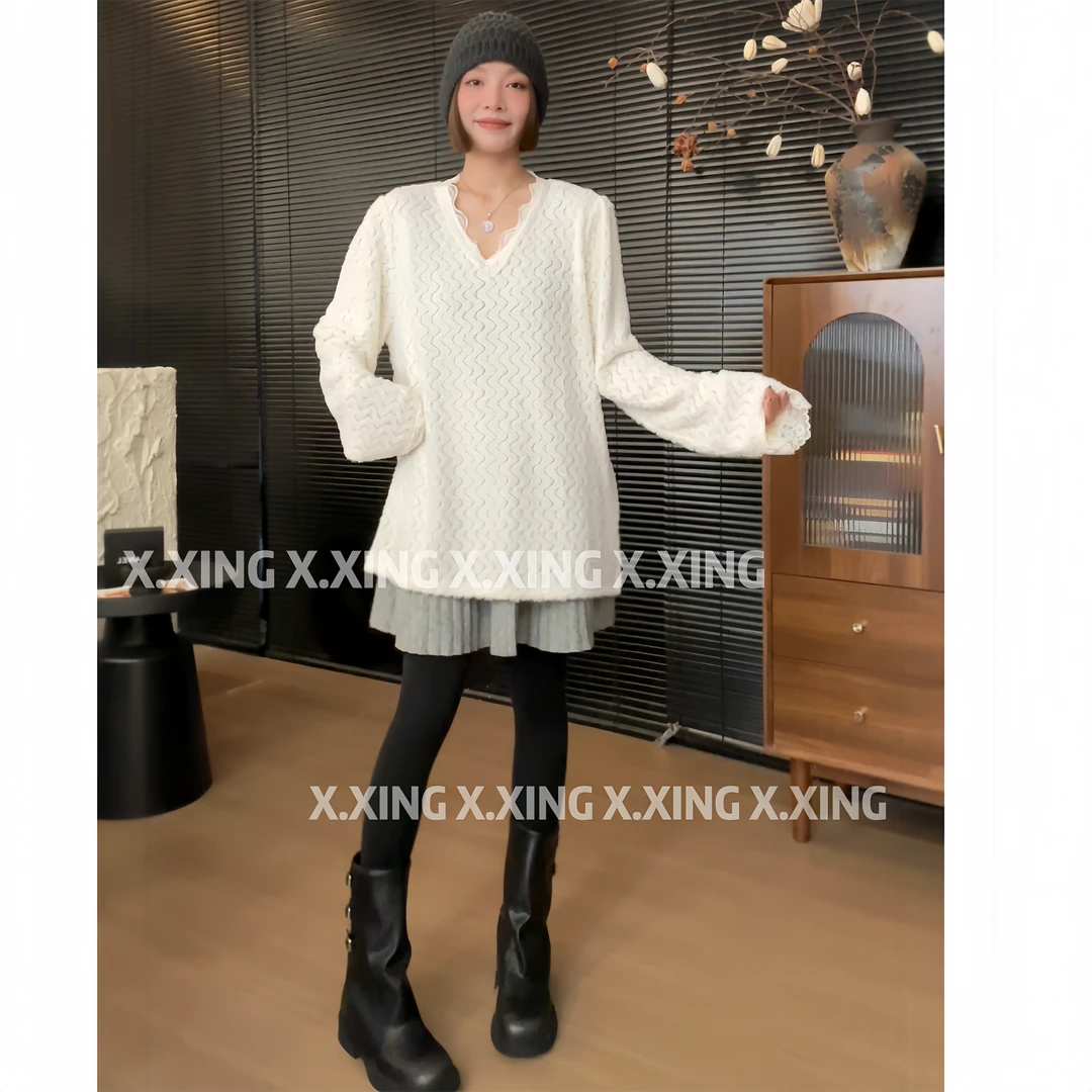 X.x.中长款甜美V领蕾丝花边拼接毛绒绒长袖小衫女上衣C31-2219