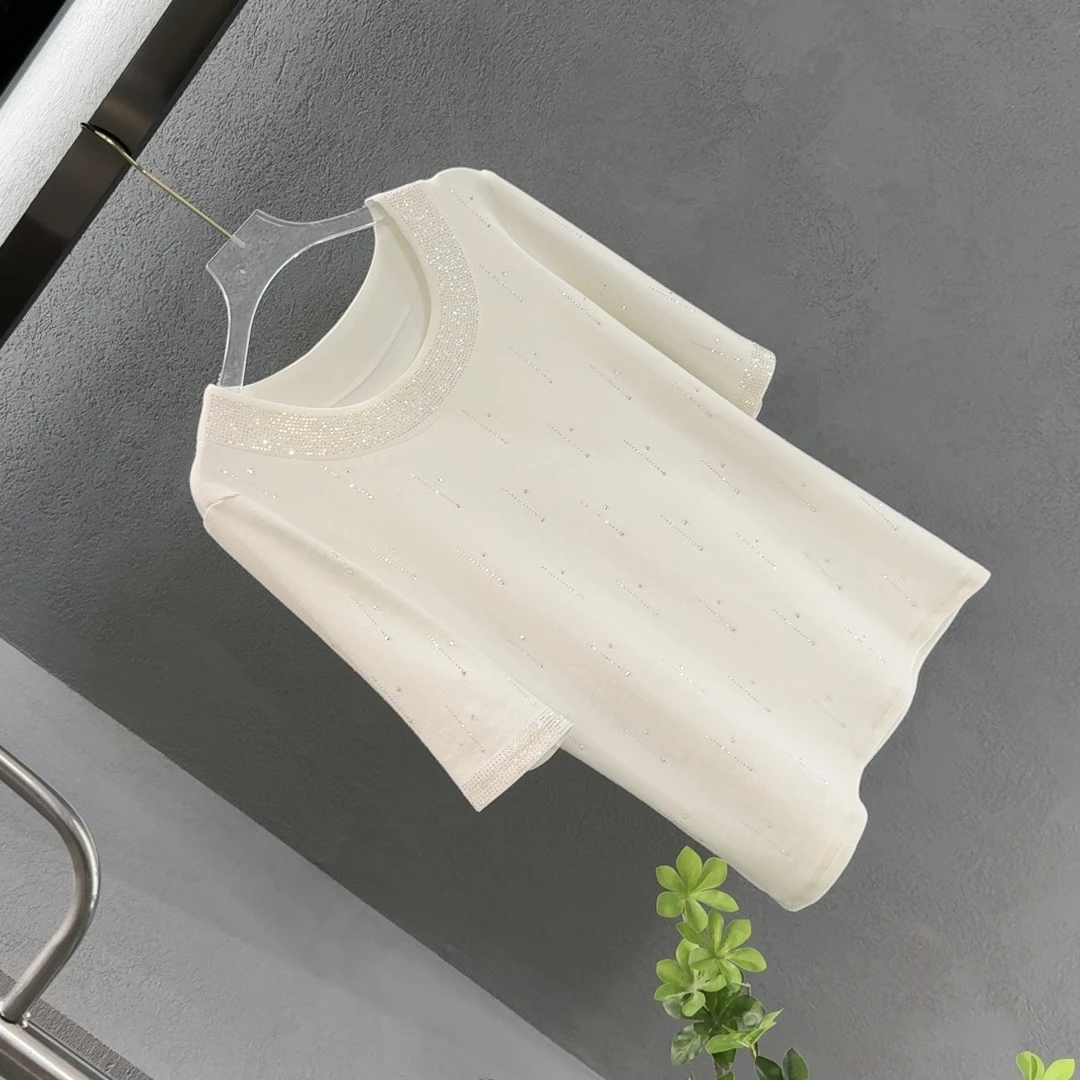 中袖，2024春夏圆领，新款重工烫钻T恤女设计感百搭显瘦修身上衣