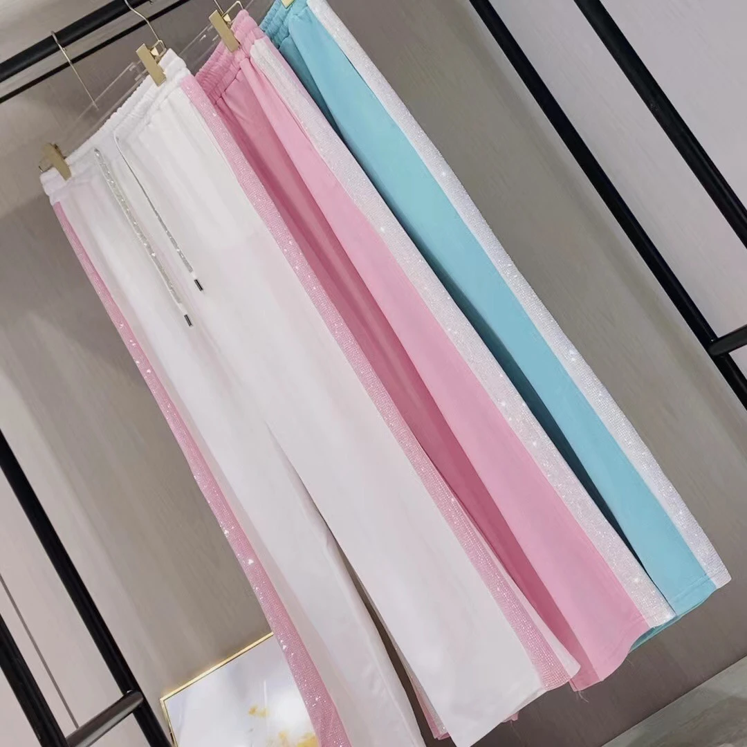 直筒裤子！2024春夏烫钻松紧腰烫钻秋款休闲高腰显瘦百搭女裤子