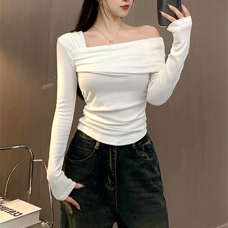 辣妹长袖T恤女士秋冬内搭打底衫新款设计感小众修身露肩上衣早春