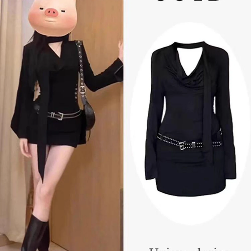 约会钓系黑色长袖连衣裙女秋季新款设计感小众修身显瘦包臀短裙子