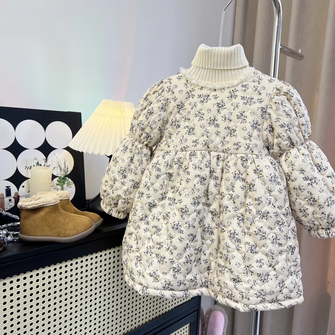 2025冬季新款童装韩版童装女童夹棉连衣裙碎花加绒公主裙