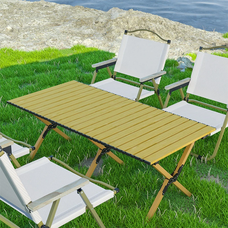 折叠桌碳钢蛋卷桌户外露营桌子便携式野餐桌椅野营装备木纹蛋卷桌