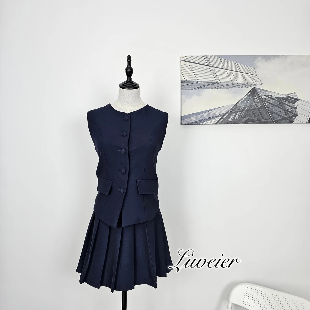 Liweier重工薄款小香风收腰显瘦藏青色马甲高腰半裙套装