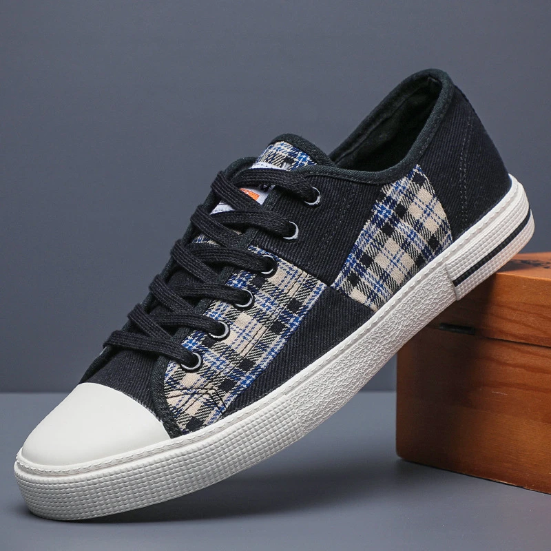 韩版透气鞋男鞋春夏格子帆布鞋硫化休闲鞋系带板鞋黑白男士帆布鞋