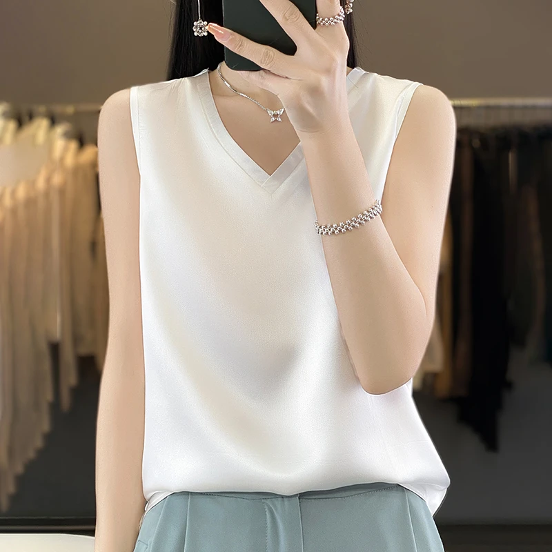 V领无袖吊带背心春夏缎面西装内搭薄款时尚百搭打底衫纯色显瘦
