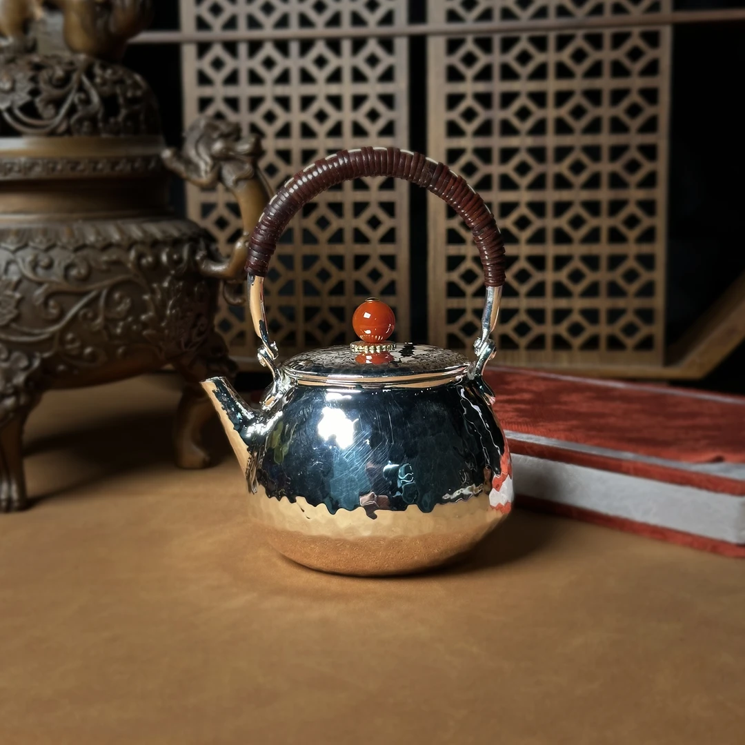 清货-手作檀木999锤纹小提梁壶素面款家用泡茶银壶
