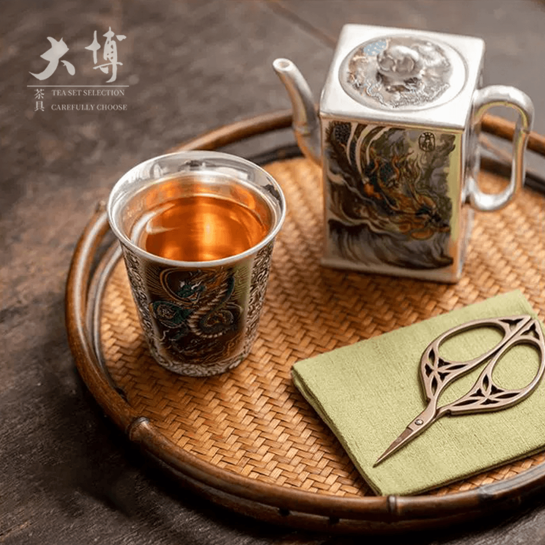 江淮-青龙凤四方壶复古中式精美泡茶壶足银陶瓷鎏银一壶一杯