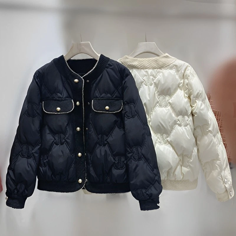 2024年新款冬圆领小香风钉珠拼粗花呢羽绒棉服轻薄气质加厚外套女