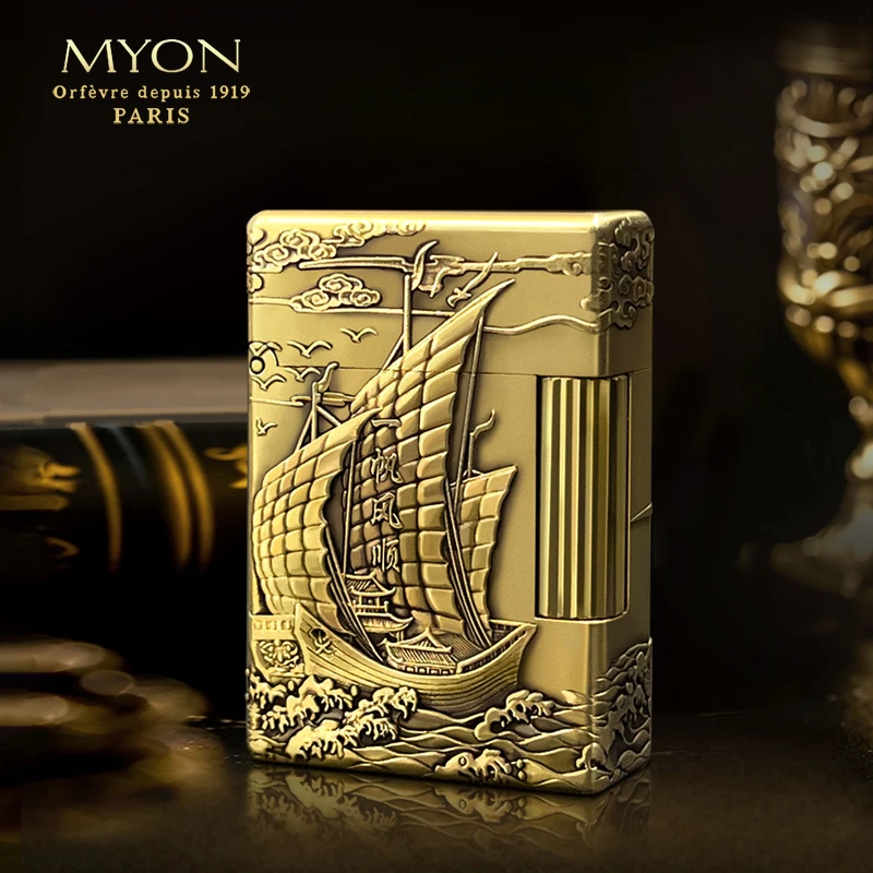 一帆风顺黄铜四面浮雕款一机一码MYON欧洲勉牌侧滑工艺煤油打火机