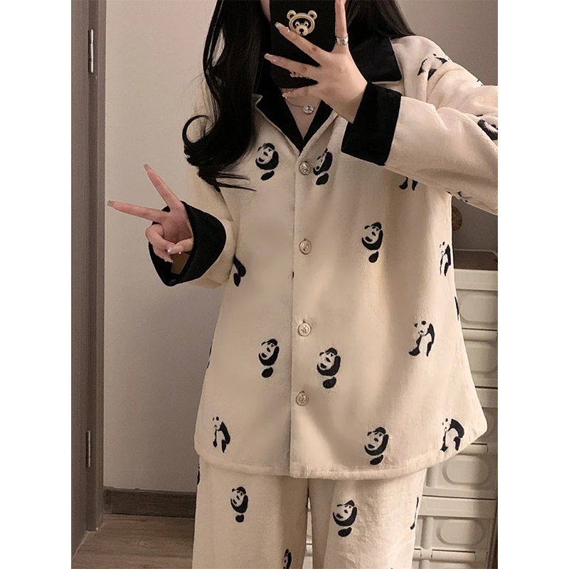 睡衣女秋冬季法兰绒加厚加绒长袖可爱小熊猫珊瑚绒家居服保暖套装