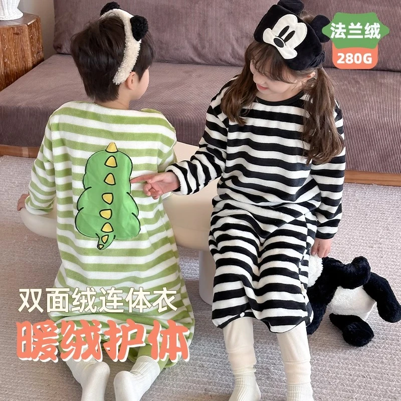 儿童法兰绒连体睡衣2024秋冬新款睡裙珊瑚绒家居服保暖护肚防着凉