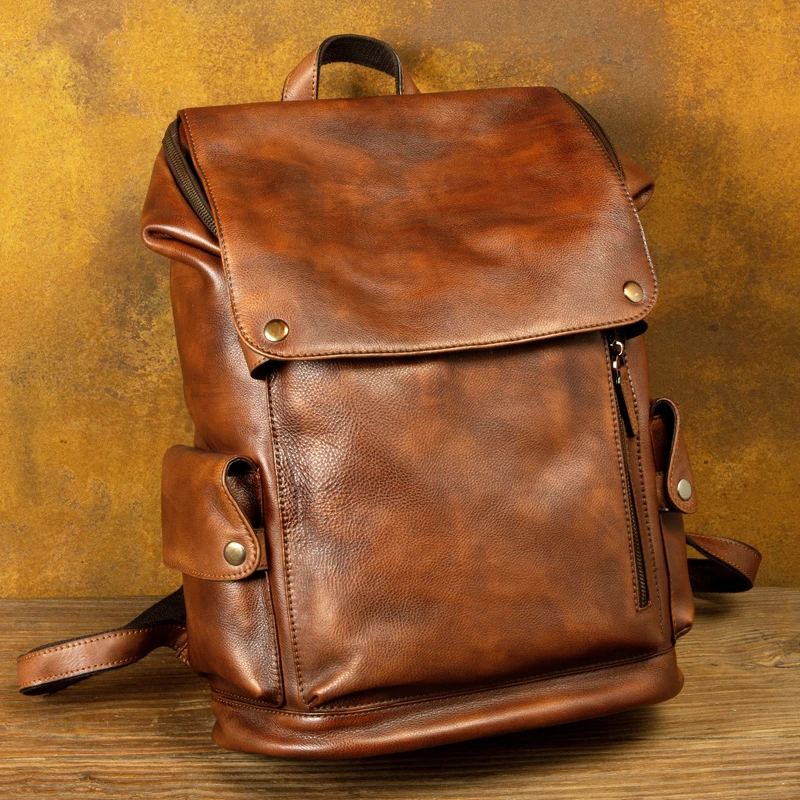 慢时光复古潮手工真皮背包休闲头层植鞣牛皮双肩包电脑包旅行男女