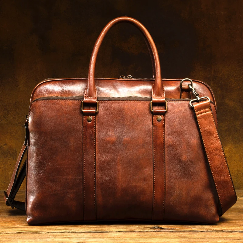 慢时光真皮男包牛皮男士公文包单肩斜挎手提包休闲商务电脑包横款