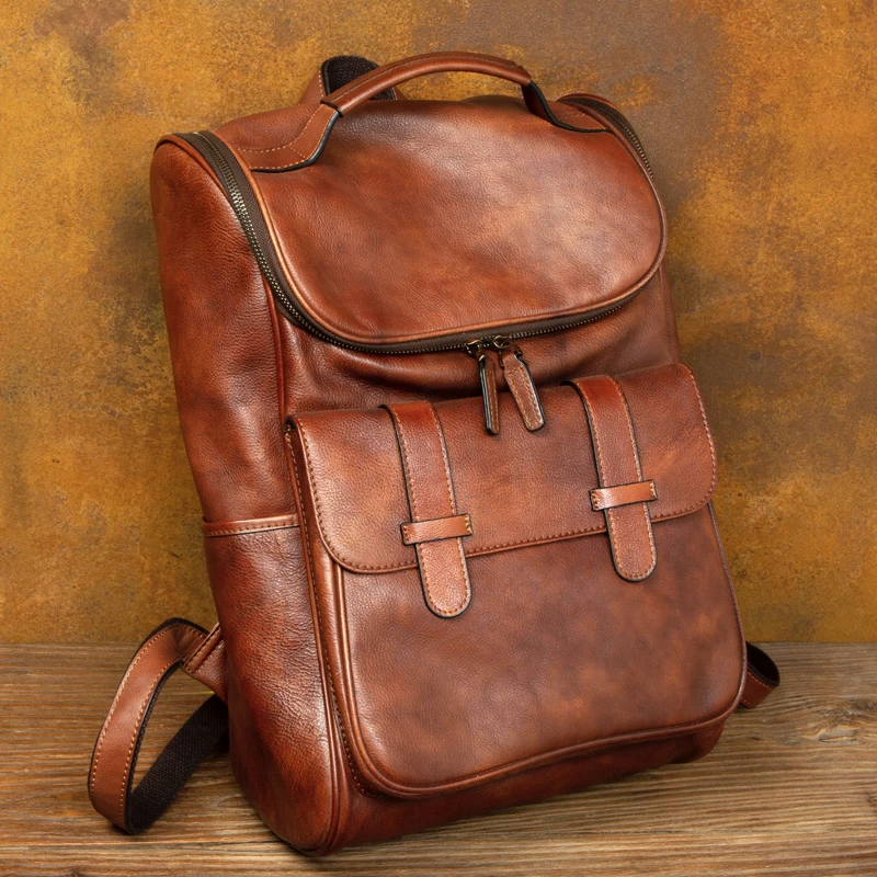 慢时光复古潮流手工真皮背包男女款头层植鞣牛皮双肩包休闲旅行包