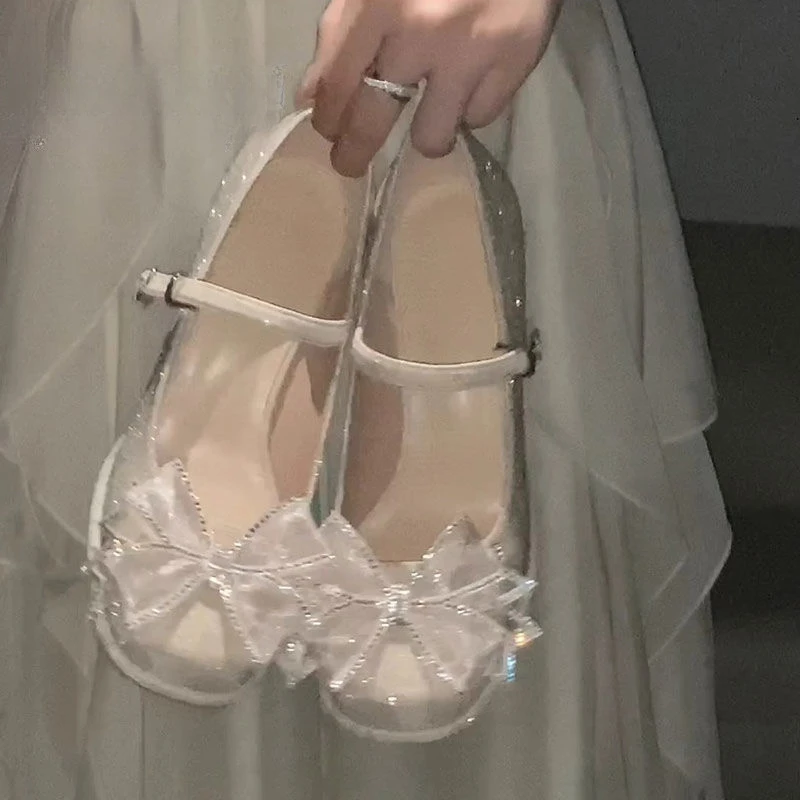 【新品促销】圆头玛丽珍女鞋2024年新款一字带闪闪蝴蝶结仙气高跟鞋