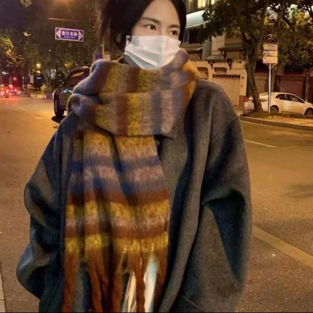 【森林推荐】马海毛多拼色围巾百搭保暖双面长款休闲优雅韩英伦风