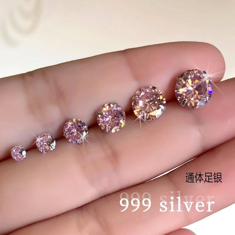 足银合成锆石耳饰 S999纯银耳钉女粉色锆石超闪耳蜗钉耳骨钉耳环