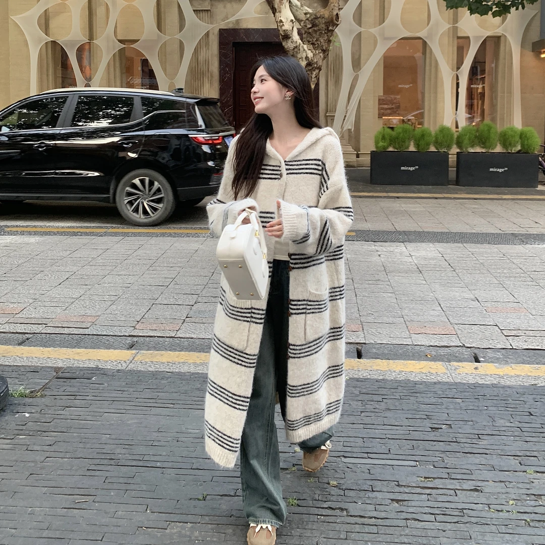 中长款条纹连帽毛衣女冬季2024新款宽松慵懒风软糯加厚针织衫上衣