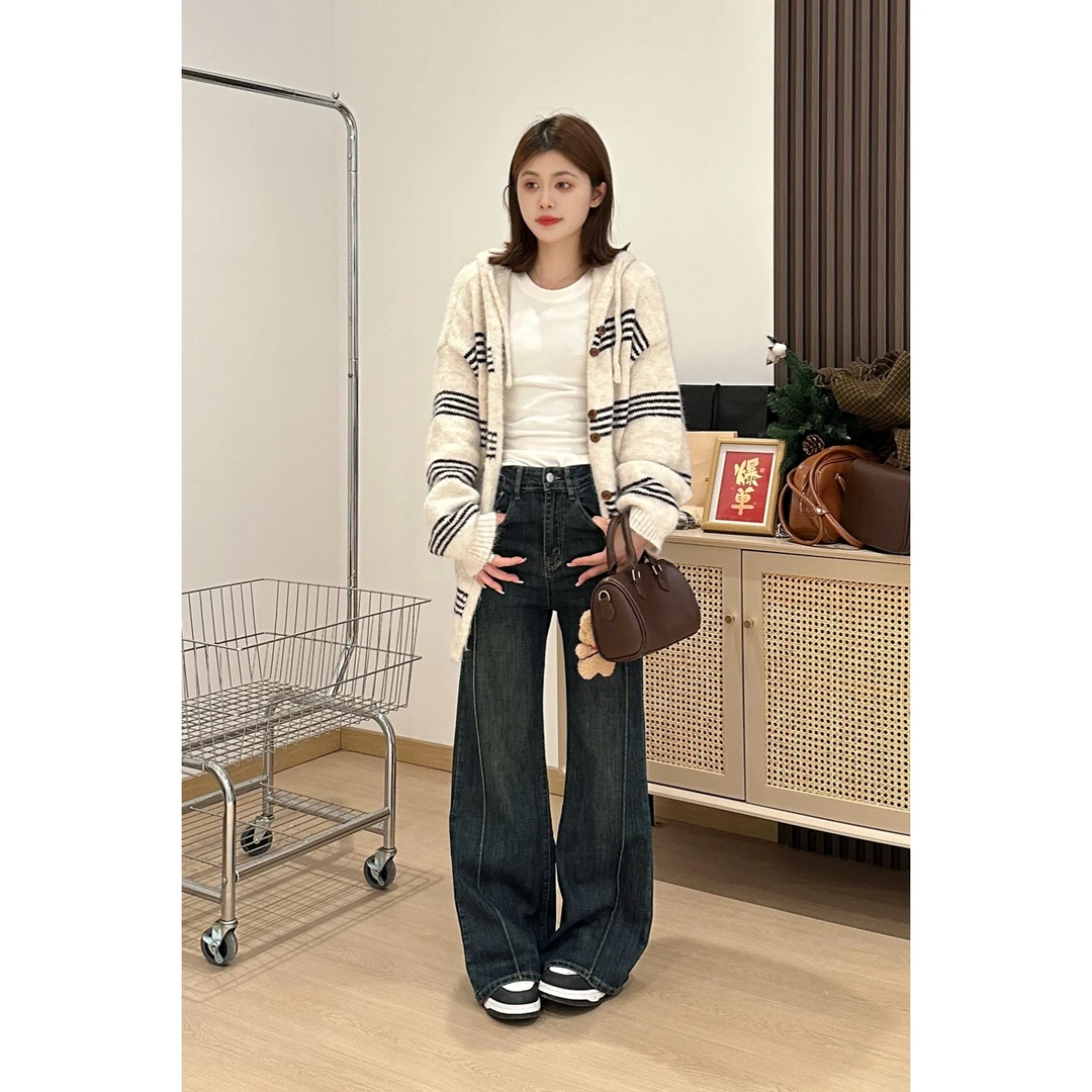 中长款条纹连帽毛衣女2024新慵懒风软糯加厚针织衫上衣78937