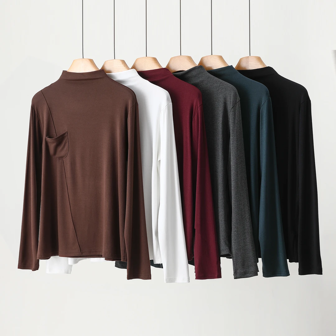 2024春秋新款纯色百搭宽松中领T恤长袖女