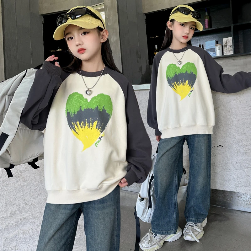 女童卫衣套装2025春季新款洋气中大童印花插肩袖牛仔阔腿裤两件套