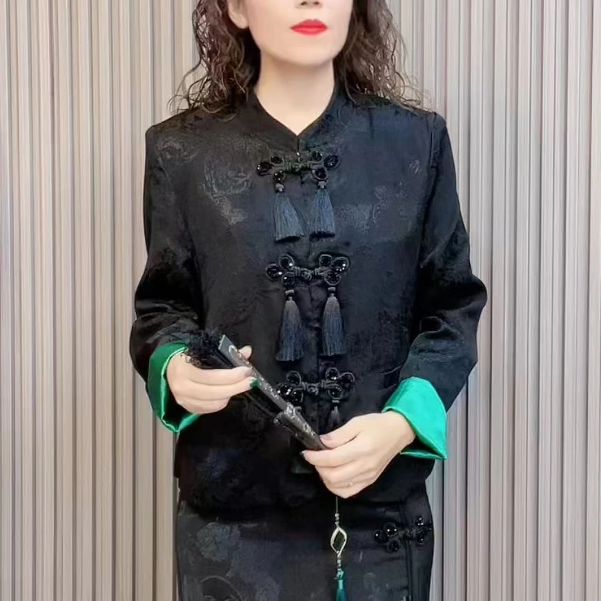 2024秋季新款改良中式唐装流苏盘扣复古国风提花外套时尚开衫上衣