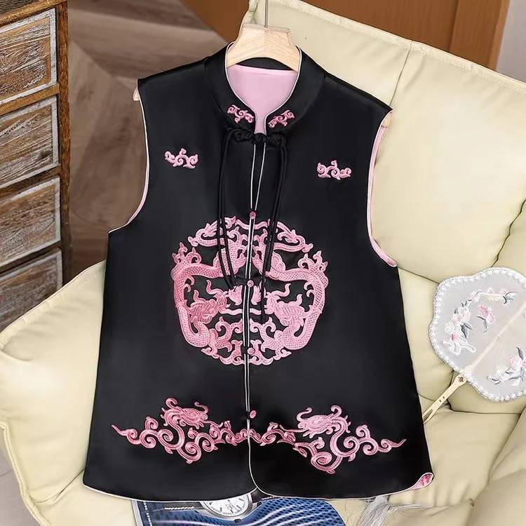 2024高级感新中式重工双龙刺绣马甲新款立领盘扣撞色醋酸缎面马甲