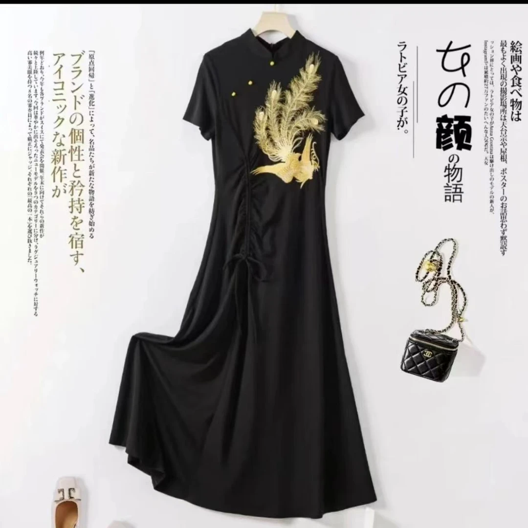 2024新款 轻奢国风短袖侧开叉抽褶A型修身显瘦连衣裙立体刺绣裙子