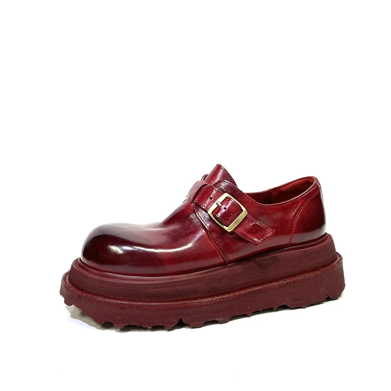 2023新款手工复古水洗做旧厚底大头马皮女鞋百搭时尚单鞋 W500-5