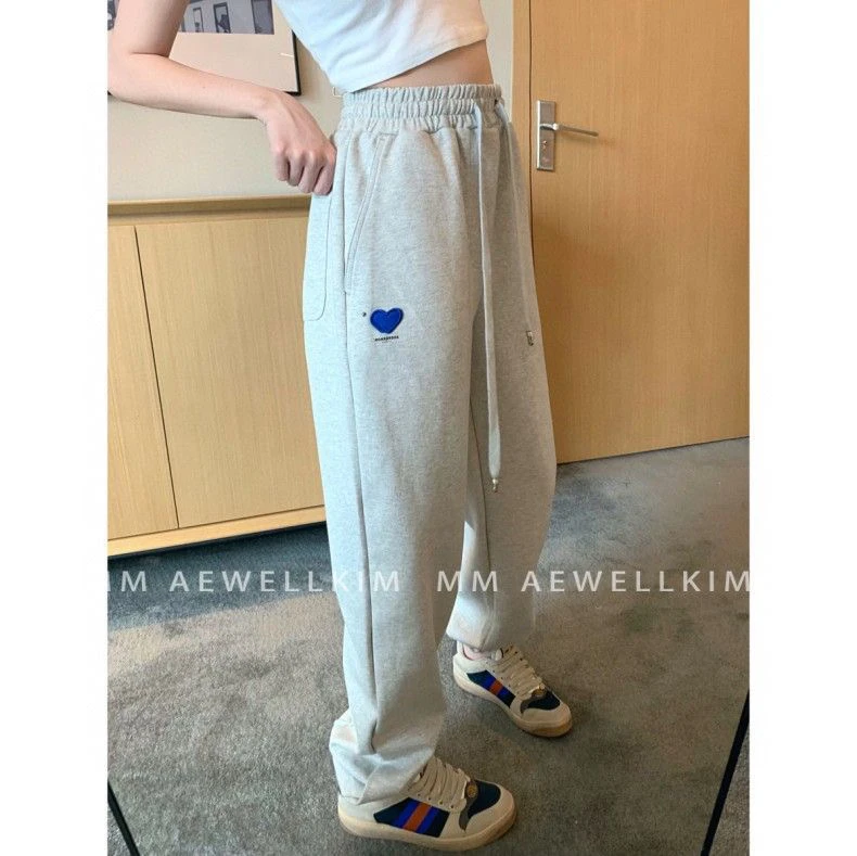 秋冬休闲显瘦AdE松紧高腰爱心刺绣桃心九分裤收脚宽松束脚裤卫裤