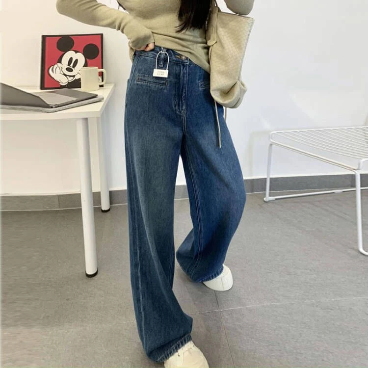 春秋款高腰显瘦窄版阔腿裤百搭水洗复古蓝垂感拖地裤直筒牛仔长裤