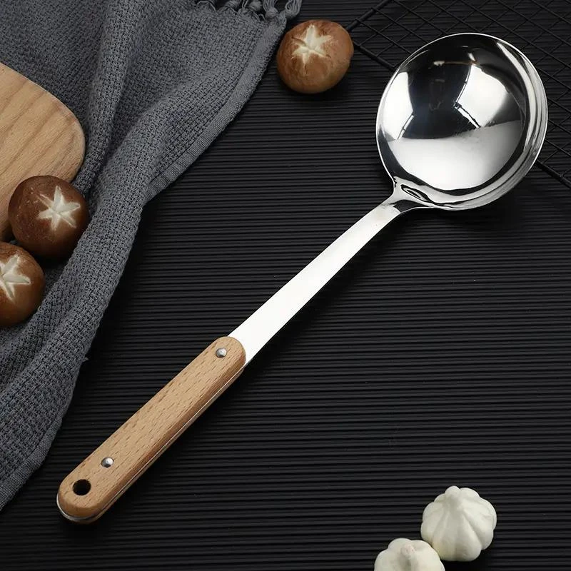 实木柄加厚不锈钢大号汤勺长柄防烫勺子家用厨房盛汤粥稀饭炒菜勺