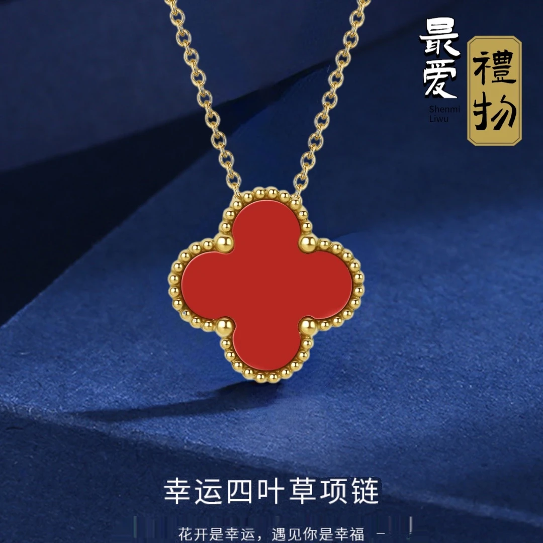 钛钢合成锆石项链 气质轻奢时尚百搭四叶草黑色红色坠链小众ins