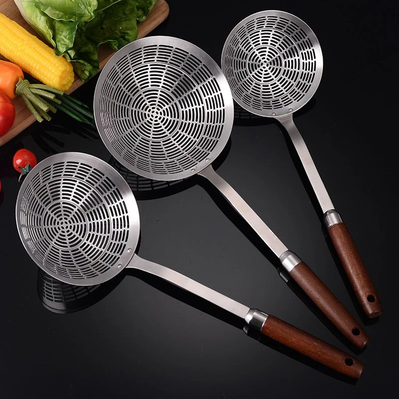 加厚304不锈钢漏勺家用厨房捞面条火锅勺油炸过滤网加长木柄
