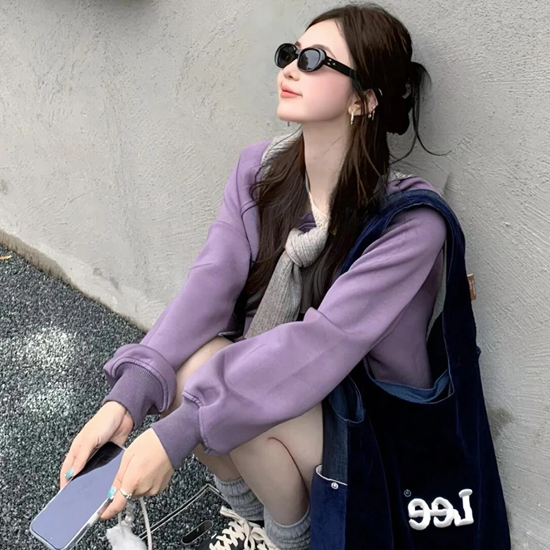 紫色宽松慵懒松弛感套头卫衣包臀短裙两件套装女2024年春秋季新款