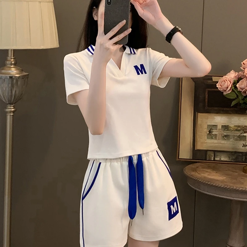 休闲运动套装女夏季欧货时髦短款polo衫高腰短裤小个子穿搭两件套