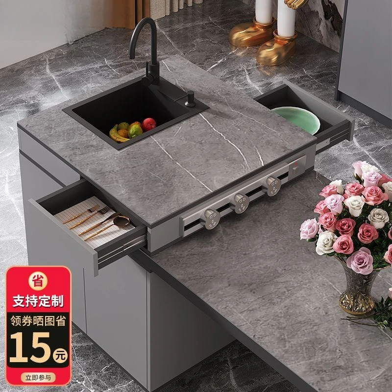 轻奢岩板岛台餐桌一体厨房可伸缩现代简约家用灰色中岛台茶桌吧台