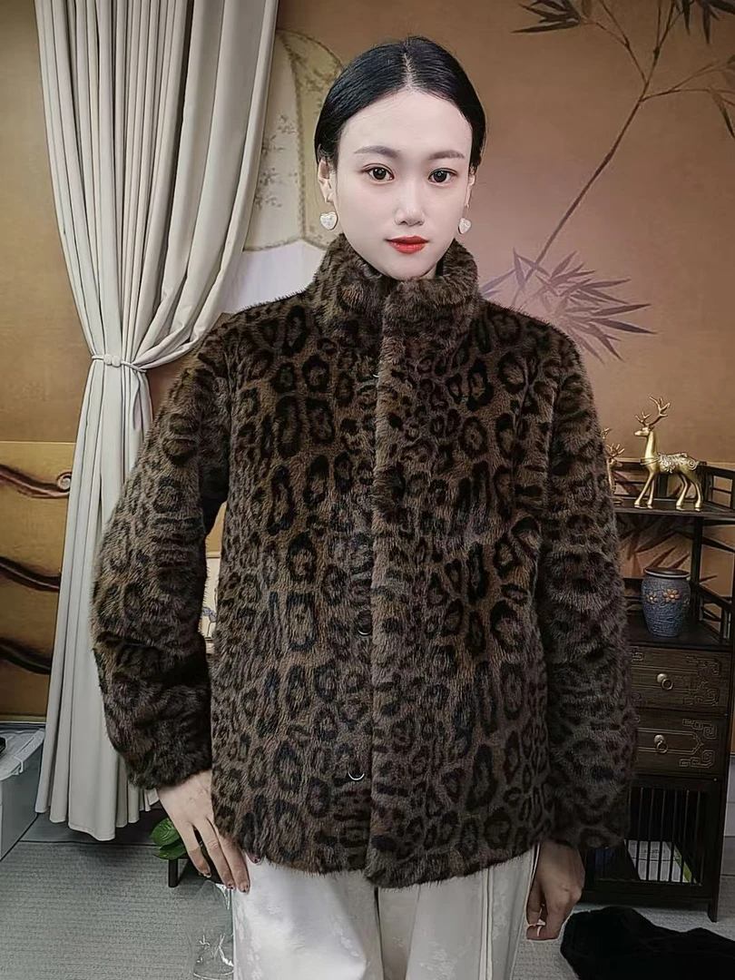 金钱豹纹冬季皮毛一体宽松加厚时尚外套