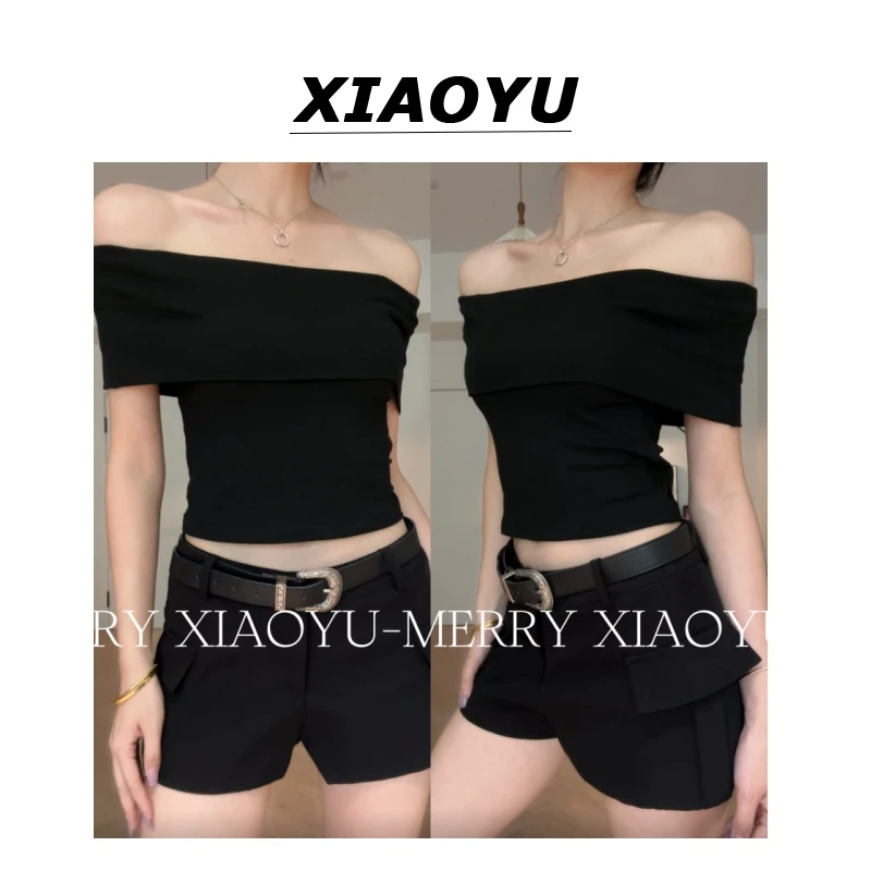 小鱼【茶歇法式】黑色一字肩性感上衣女夏季气质锁骨露肩T恤