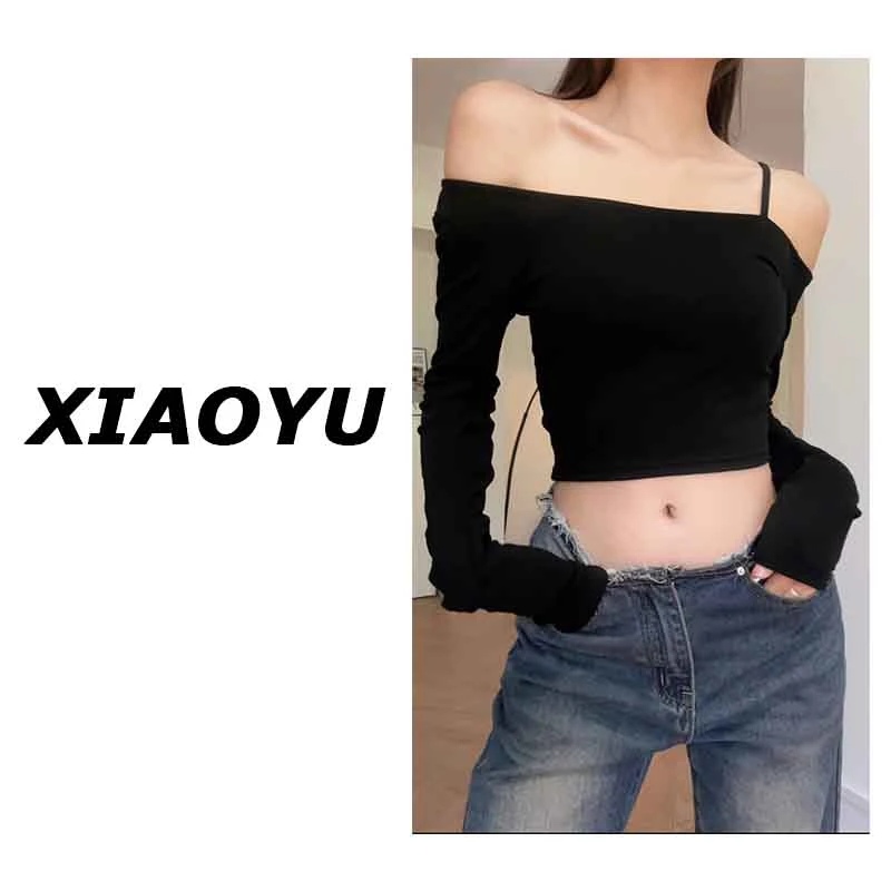 妙前小鱼【冷欲范围】辣妹一字肩设计感不规则上衣秋露肩打底长袖