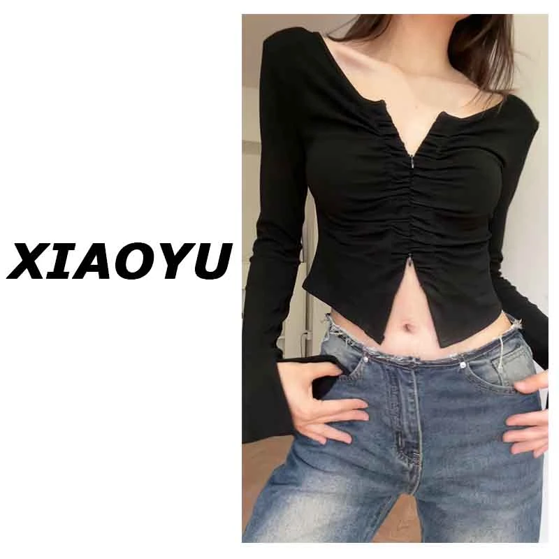 小鱼【摩登美式】辣妹小心机拉链露脐设计感上衣秋季性感长袖