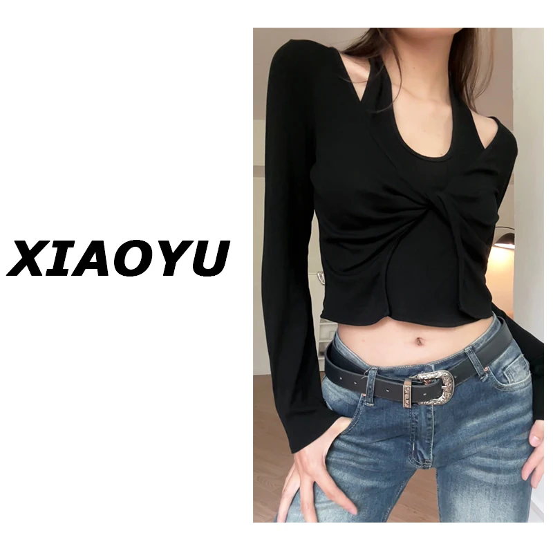 小鱼【内搭天菜】辣妹假两件挂脖上衣女小众打底衫显瘦ins长袖T恤秋