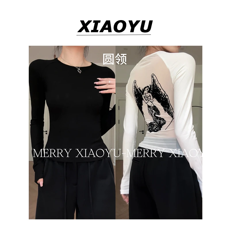 【小鱼】小众设计秋冬内搭辣妹天使印花黑色显瘦上衣