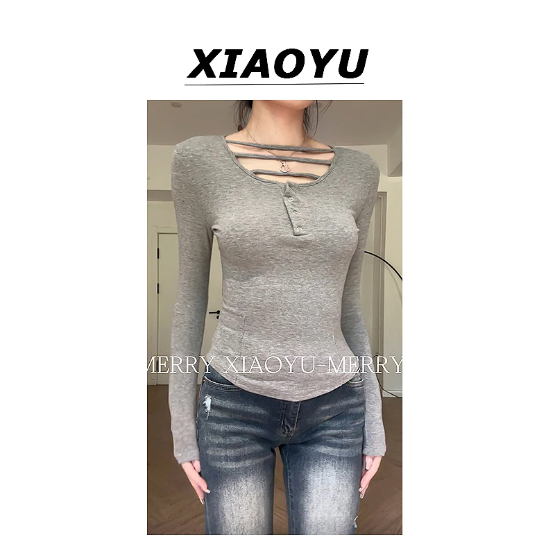 【小鱼】甜辣纯欲风U领锁骨不规则设计感修身显瘦上衣