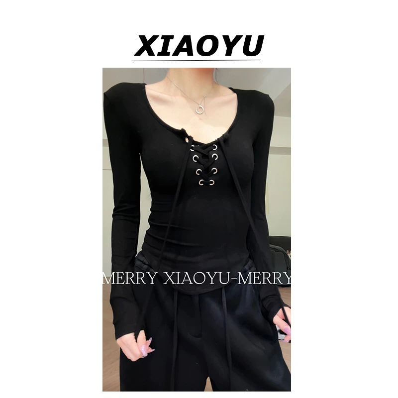 【年终特价】辣妹u型打底衫秋季小众系带黑色显瘦长袖T恤