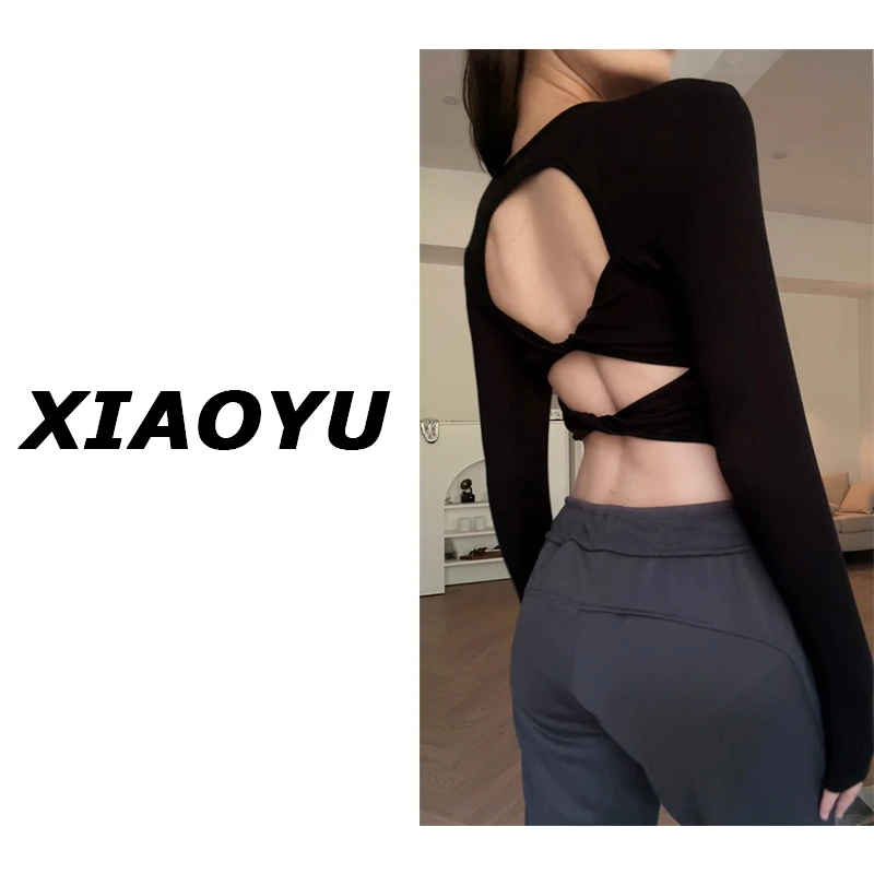 小鱼【酷辣初秋】辣妹露背交叉上衣黑色修身显瘦小众设计感长袖T恤
