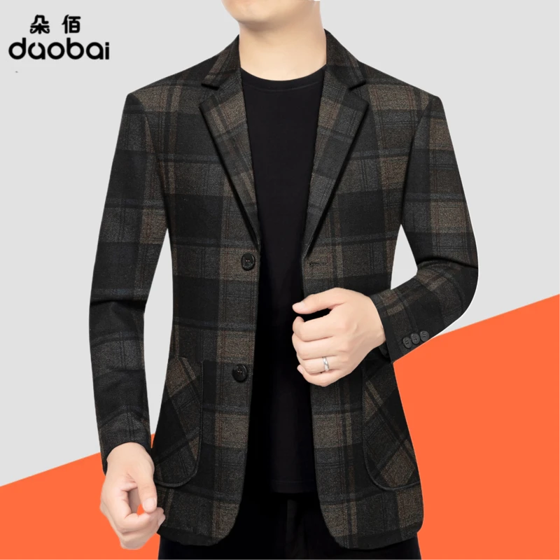 新款男士西服2024秋冬商务休闲中年男装格子修身小西装外套爸爸装
