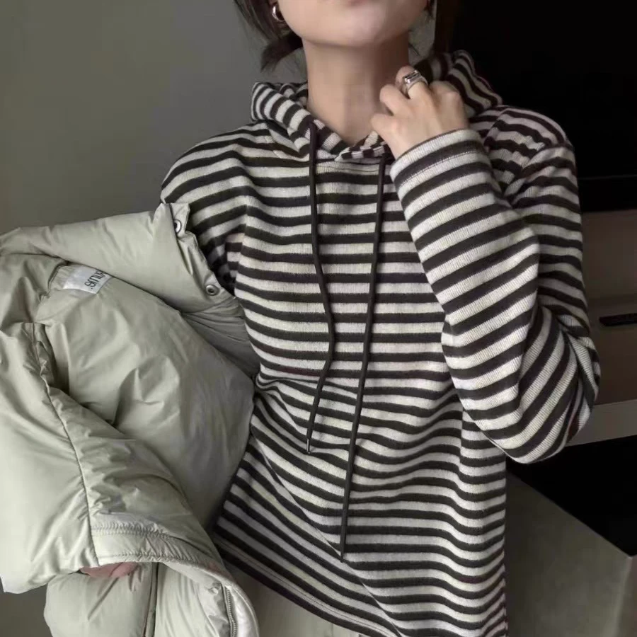 欧洲站撞色条纹加绒连帽2023新款欧货女装设计感上衣