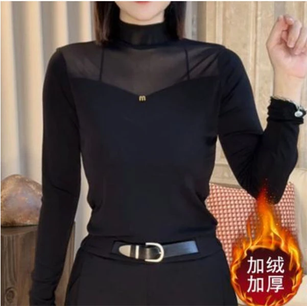 半高领网纱黑色打底衫女春秋内搭长袖T恤2024年新款修身加绒上衣